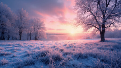 Winter sunrise over frosted field with trees and pink and blue sky landscape scene nature background
