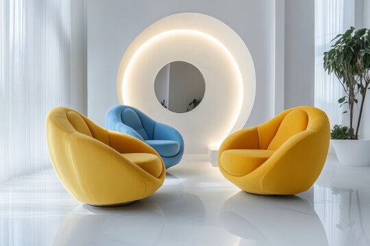 Yellow and blue armchairs in a white room, designed in Suprematism style for a modern living room with abstract geometric shapes, Generative AI