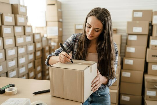 A young woman carefully writes on a shipping box in a warehouse