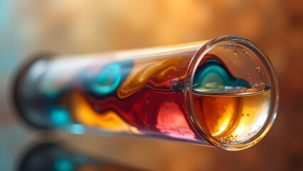 Horizontal glass tube filled with vibrant liquid, showcasing artistic patterns and reflective clarity in close up detailed macro view