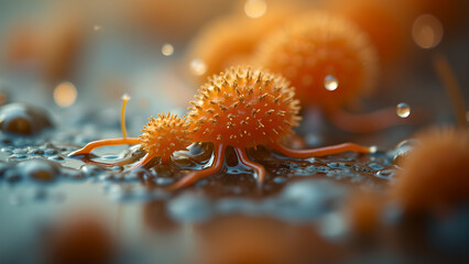 Artistic representation of microorganisms in a wet environment under soft light creating a mysterious and calming atmosphere