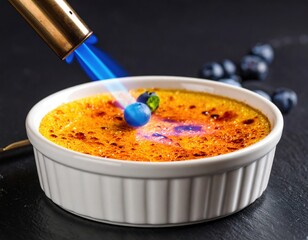 Golden Creme Brulee With Blueberries Flamed