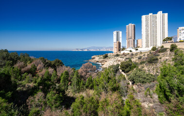 View of Benidorm in Spain from the coastline just to the North of the town