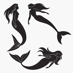 Four black mermaid silhouettes in dynamic poses fantasy mythical