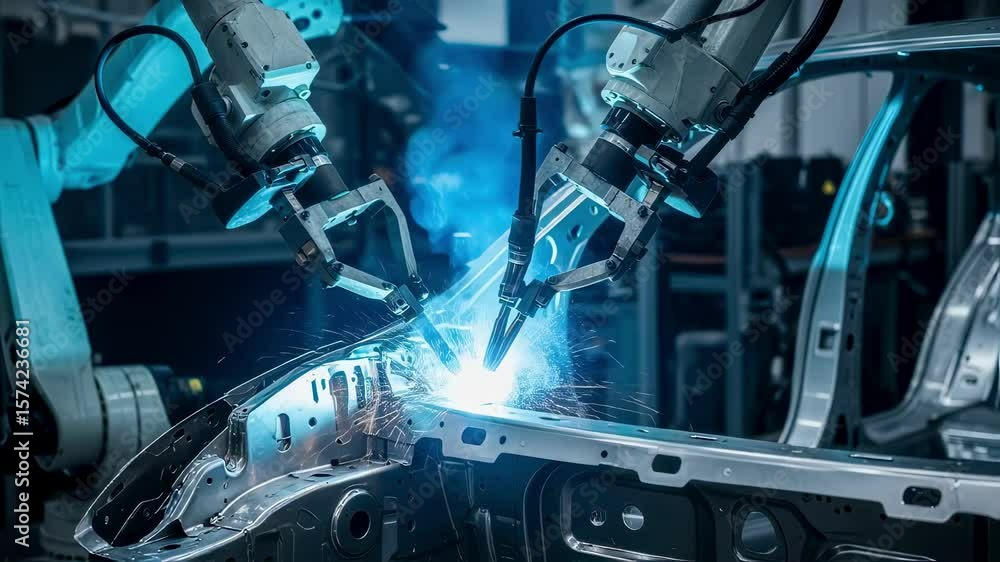 Poster two robotic arms are performing spot welding operations on a car chassis in a technologically advanc
