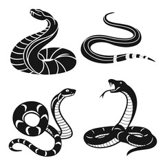 Black serpent silhouettes coiled striking and slithering snake reptile