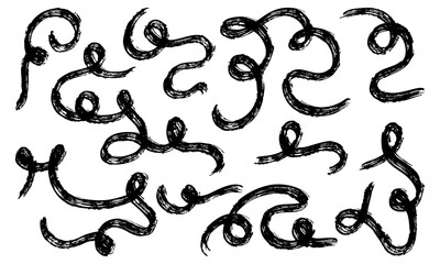 Fototapeta premium Curls lines dry brush. Collection of vector brush strokes. Black paint draws wavy lines, dirty curved strokes. The ink stands out on white background. Grunge brush lines. Calligraphic strokes, stamps