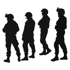 Black silhouettes of soldiers wearing helmets and vests military white