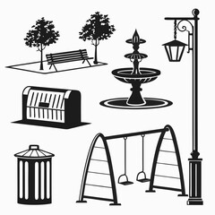 Park elements bench fountain swings lamp trash bin