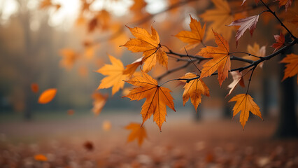 Obraz premium A serene view of autumn foliage and falling leaves in a park creating a picturesque scene of nature's beauty