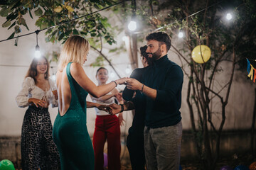 Group of friends enjoying a lively evening party outdoors, dancing under string lights. Joyful...
