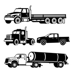 Black truck and lorry silhouettes cargo transport vehicle