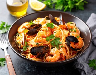 Seafood Pasta Dish With Shrimp And Mussels