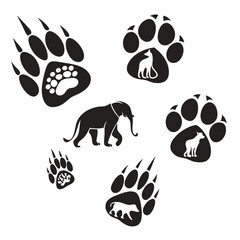 Black animal paw prints and elephant silhouette animal tracks tiger