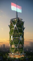 Stunning Aerial View of the Green Tower in Cityscape at Sunset with National Flag
