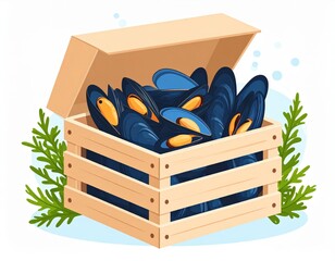 Fresh Mussels In Wooden Crate