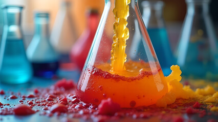 Laboratory glassware with colorful liquids and spills conveying scientific experimentation and chemical reactions or research