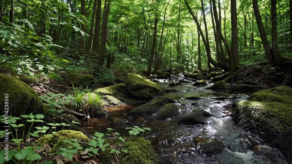 Poster a serene forest stream video captured at a low angle, showcasing lush greenery and sunlight filterin