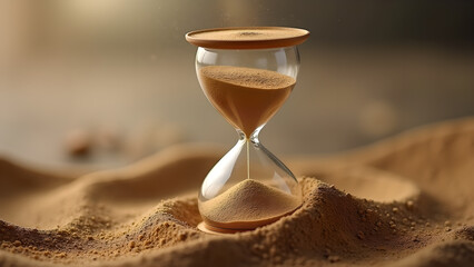 Hourglass in sand dunes depicting time running out in a desert landscape concept imagery