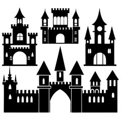 Black castle silhouettes with towers and gates medieval architecture