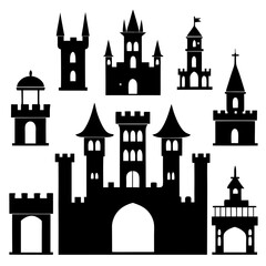 Obraz premium Collection of black castle silhouettes with varied towers and gates fortress