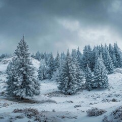 Obraz premium Snow-Covered Pine Trees in a Serene Winter Landscape Scene