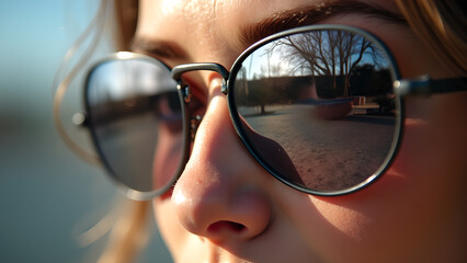 The world through the eyes: Sunglasses reflect a park scene on a bright sunny day