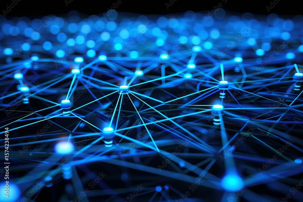 Poster complex network nodes are connecting, creating a futuristic data flow visualization with glowing lin