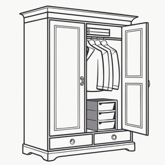 Open wardrobe with hanging clothes and drawers closet