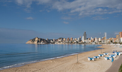 Early morning and an almost deserted Poniente Beach in Spain's Benidorm