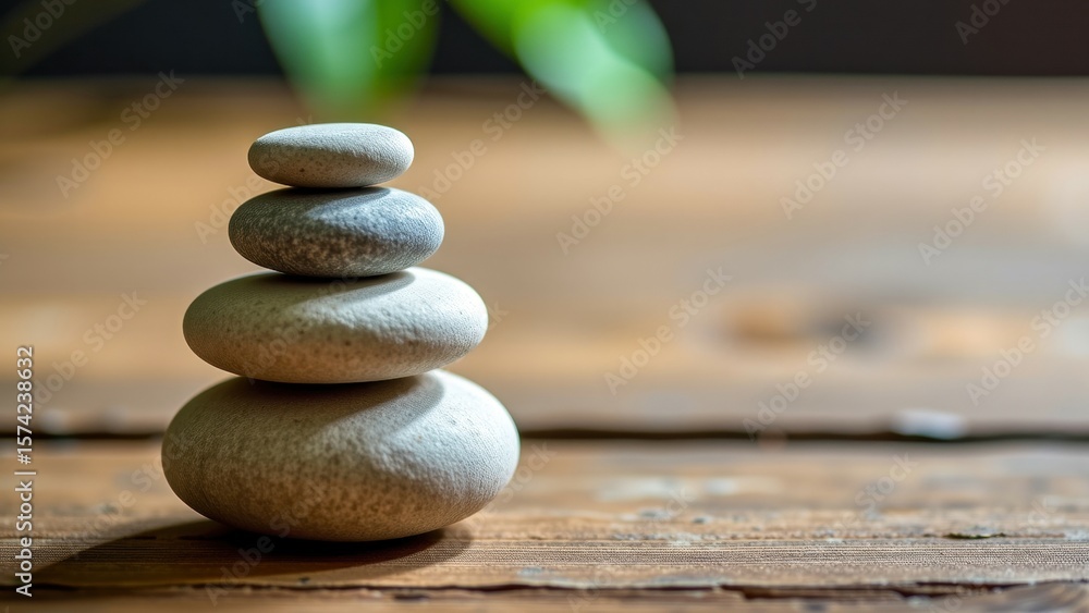 Poster meditation for high performance workers finds balance with stacked smooth stone on wooden surface cr