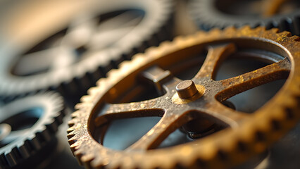 Close up shot presenting interlocking gears with selective focus and shallow depth of field ideal for concepts