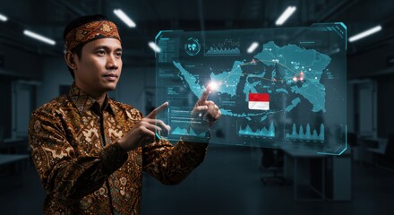 Indonesian Man Interacting with Futuristic Holographic Map Displaying Indonesia's Digital Infrastructure and Connectivity
