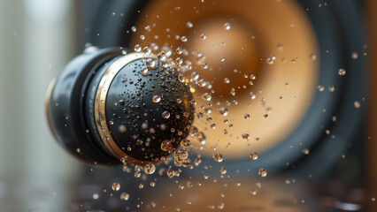 Immerse yourself in the sonic shower of sound headphones surrounded by shimmering water droplets showcasing audio excellence