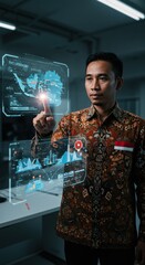 Indonesian Man Interacts with Futuristic Holographic Map Displaying Data and Location Information