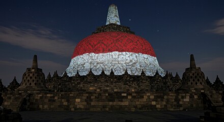 Borobudur Temple Illuminated with Indonesian Flag Projection at Night