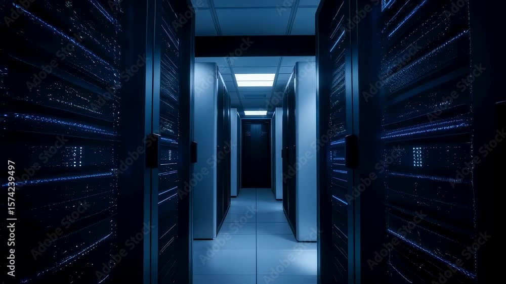 Poster flowing orange and blue neon lights illuminate a server room, representing the dynamic transfer of d
