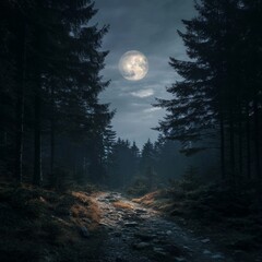 Serene Moonlit Pathway Through a Dark Enchanted Forest at Night