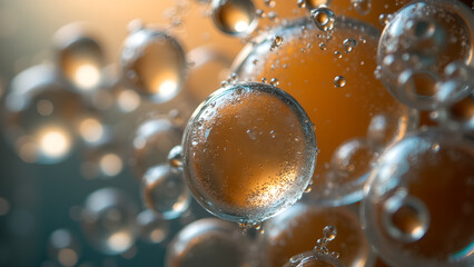 Abstract macro photography showing water droplets and oil creating golden abstract shapes background design