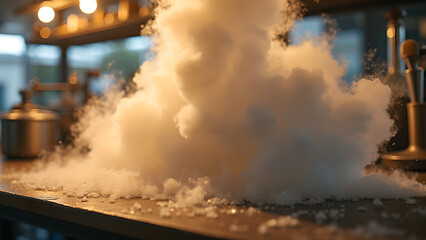Dramatic kitchen explosion concept: a billowing cloud of smoke and liquid nitrogen substance aftermath with blurred equipment