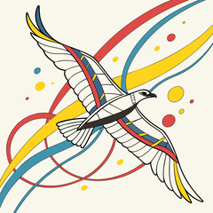 Obraz premium Stylized bird soaring with colorful ribbons and dots flying wings