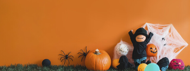 Halloween decorations with pumpkins, spiders, and cobwebs against an orange background