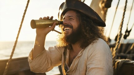 Joyful pirate with telescope on a ship's deck at sunset