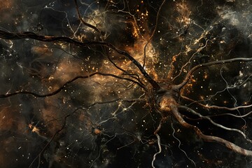 Complex network of neurons firing and interacting, symbolizing consciousness, thoughts, and the interconnected nature of the universe
