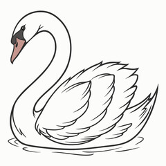 Elegant white swan swimming gracefully on water black outline
