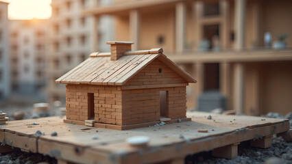 Miniature house model under construction showcases architectural detail and planning of real estate venture with intricate brickwork