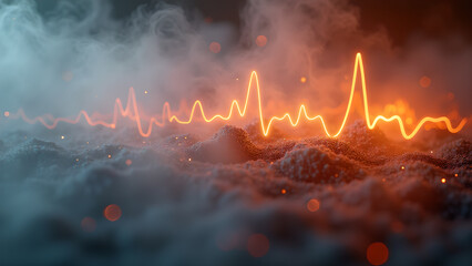 Abstract glowing heartbeat line background showcases health and scientific visualization with smoke, a pulse signal
