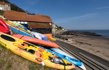 Runswick Bay Lifeboat House and colourful canoes