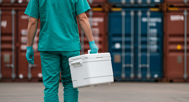 Doctor or nurse moves medical container in industrial zone, showcasing emergency medical logistics and organ delivery systems