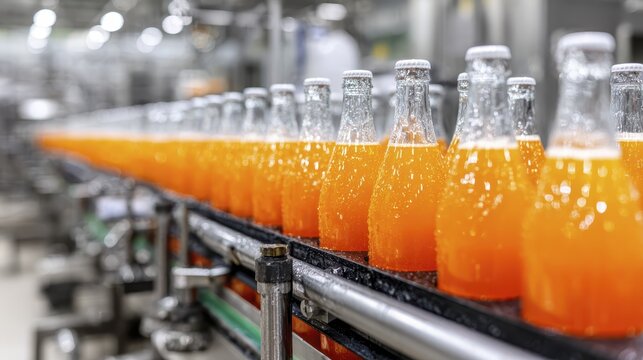 Orange soda bottles on production line in beverage factory